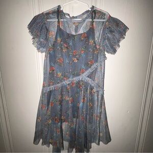 Next Australia Girl 7 teal blue tulle overlay floral flutter sleeve dress